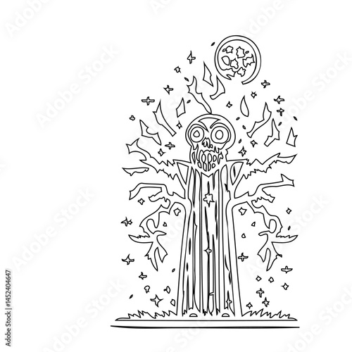 Eerie nocturnal scene with a stylized skull tree under a fractured moon
