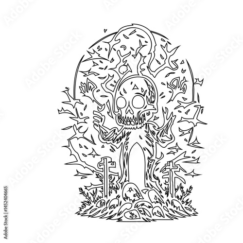 Whimsical Halloween Character Outline in a Graveyard, Ideal for Coloring Books