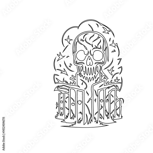 Eerie skull visage surrounded by mystic elements and distorted architecture