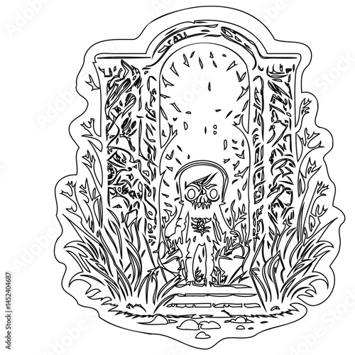 Whimsical doorway drawing leading to beyond with a human silhouette figure
