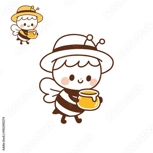outline sketch of honey bee wearing straw hat and carrying honey, flirty chibi style