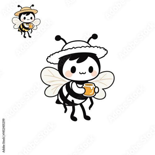 outline sketch of honey bee wearing straw hat and carrying honey, flirty chibi style