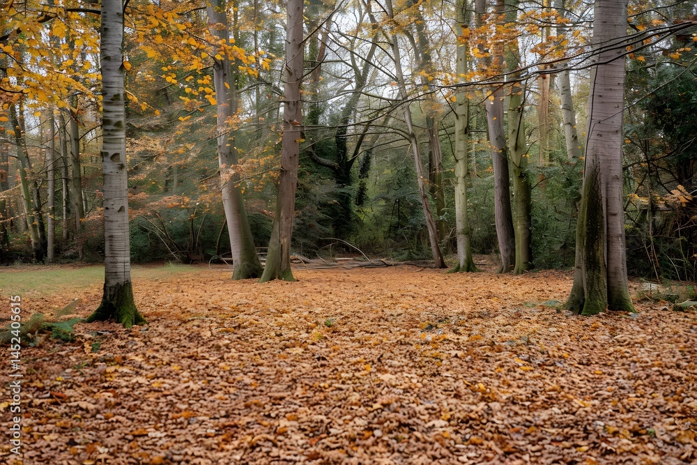 Autumn Leaves Blanket the Forest Floor in a Serene Display of Golden Hues, Trees Stand Tall and Majestic, Nature's Tranquil Beauty Unveiled. Autumn Leaves Blanket the Forest Floor in a Serene Display of Golden Hues, Trees Stand Tall and Majestic, Nature's Tranquil Beauty Unveiled.