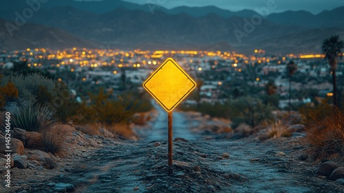 Empty yellow sign on a desert road at twilight