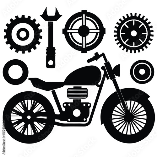 Classic Motorcycle Repair Essential Parts and Tools Illustration