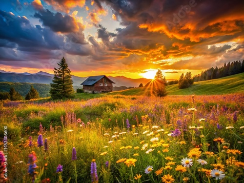 Vibrant Wildflower Meadow Sunset: Architectural Photography