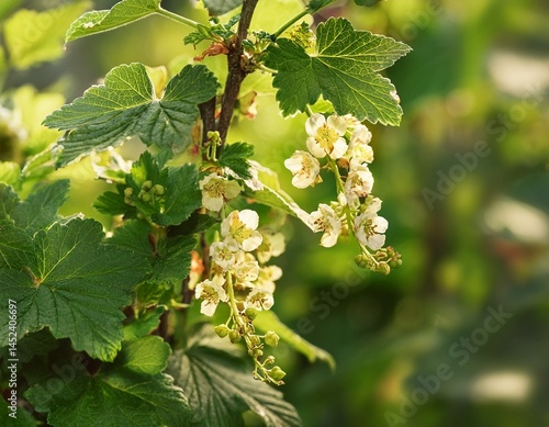 flowering bush of red currant with green leaves in the garden