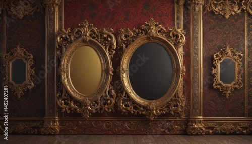 Ornate frames, varied shapes, rich damask backdrop  ,  shabby chic,  picture,  illustration
