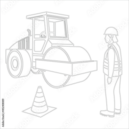 Female Asphalt Paver Operator Engineer in Hard Hat at Industrial Highway Construction Site Roadwork, Safety, Machinery, and Team Collaboration Line Art