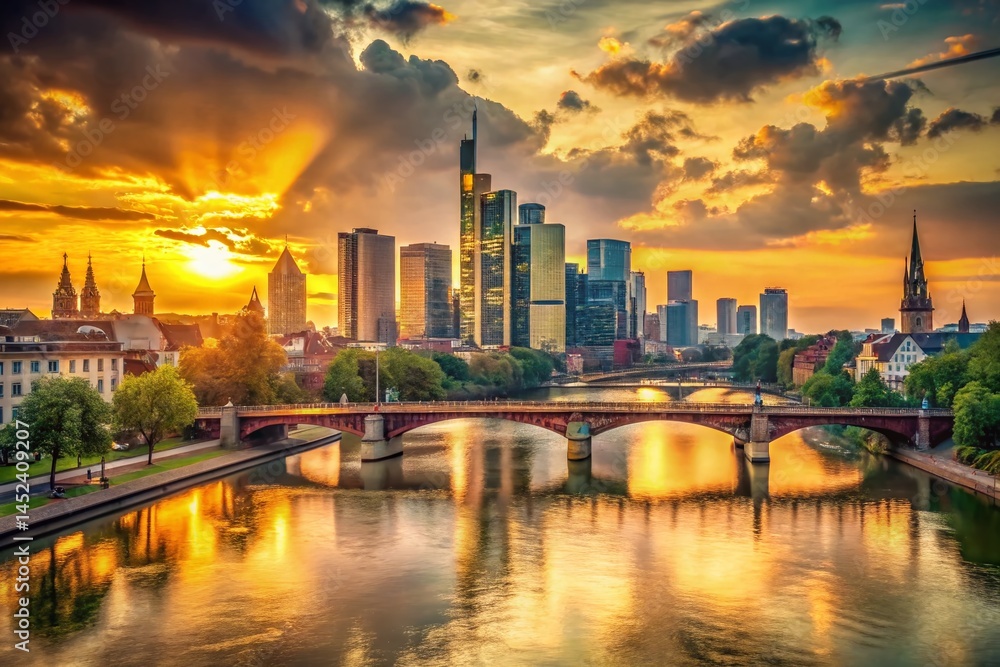 Fototapeta premium Vintage Golden Hour Sunset Frankfurt Skyline Panorama
