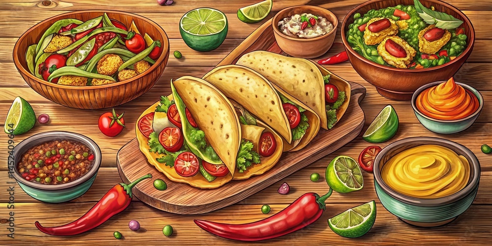 Fototapeta premium Vintage Hand-Drawn Mexican Food Sketch: Tacos, Burritos, Chili, Guacamole Illustrations