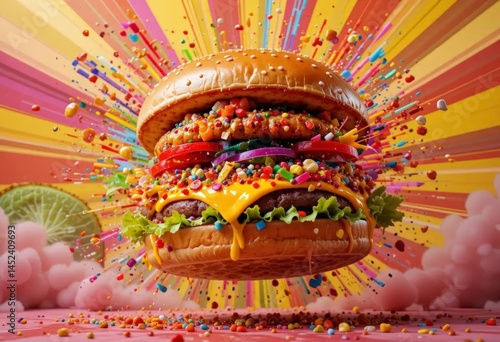 A giant cheeseburger exploding with rainbow-colored ingredients