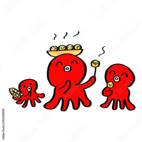 たこ焼きを美味しそうに食べているタコのイラスト