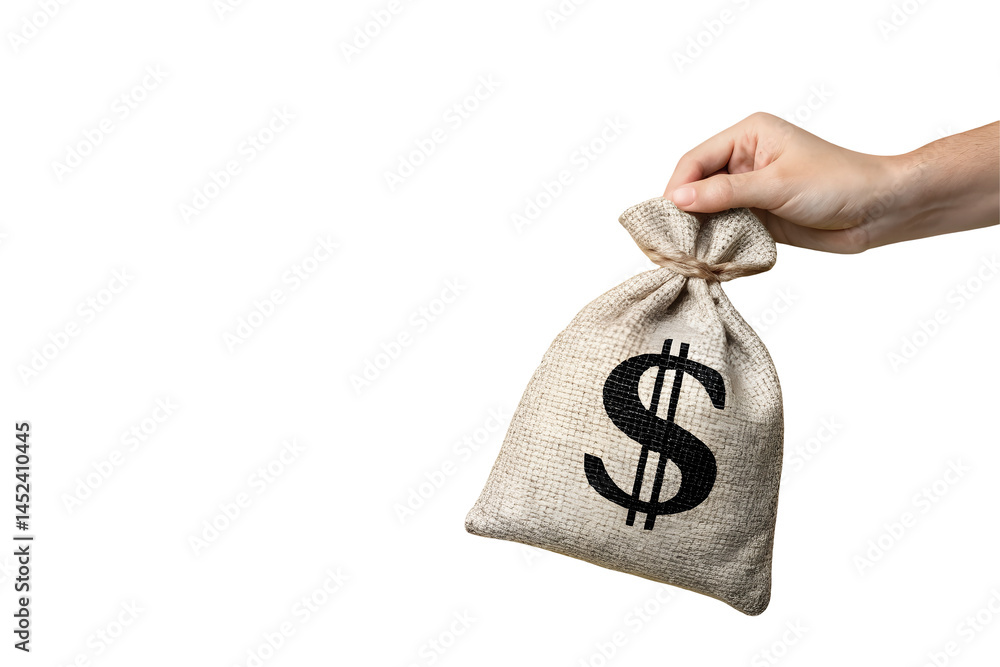 Obraz premium A close-up image of a hand holding a small burlap money bag with a black dollar sign ($) printed on it