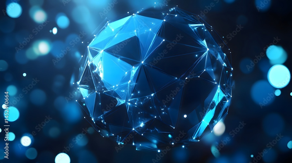 3D render of a glowing, interconnected polyhedron with scattered bokeh lights. 3D render of a glowing, interconnected polyhedron with scattered bokeh lights.