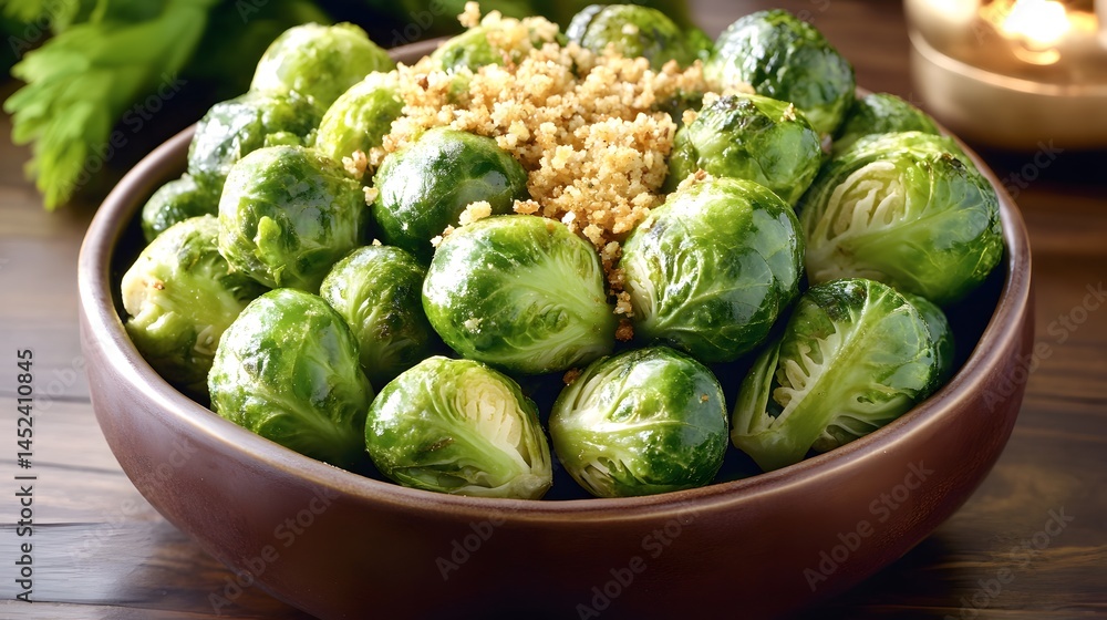 Fototapeta premium Roasted Brussel Sprouts with Breadcrumbs in Bowl