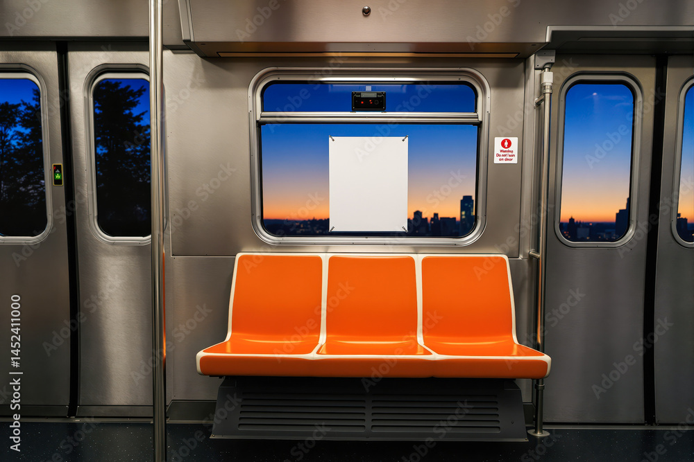 Fototapeta premium three-seater orange bench in public transport interior at sunset