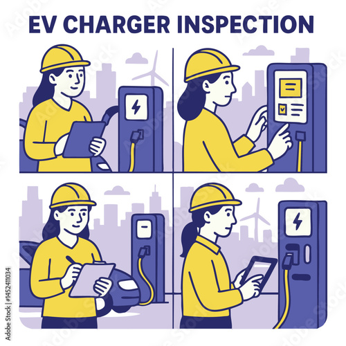 EV charger inspection involves worker checking and maintaining electric vehicle charging