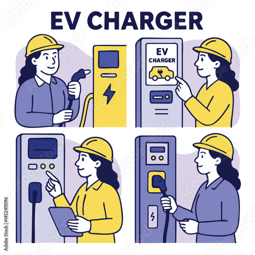 Illustration of EV charger with worker interacting with charging stations, showcasing technology