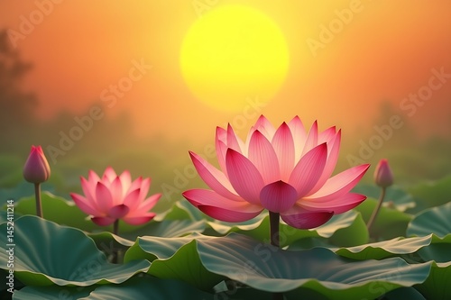 Serene Sunset Lotus Flowers in Bloom