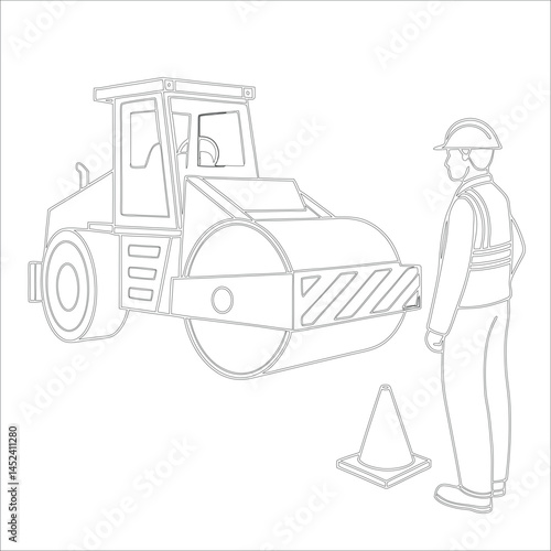 Female Asphalt Paver Operator Engineer in Hard Hat at Industrial Highway Construction Site Roadwork, Safety, Machinery, and Team Collaboration Line Art