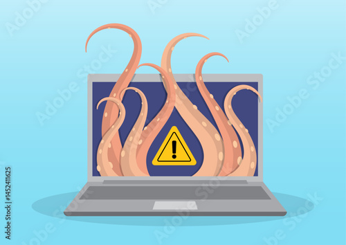 A laptop displaying a warning sign with octopus-like tentacles emerging from the screen