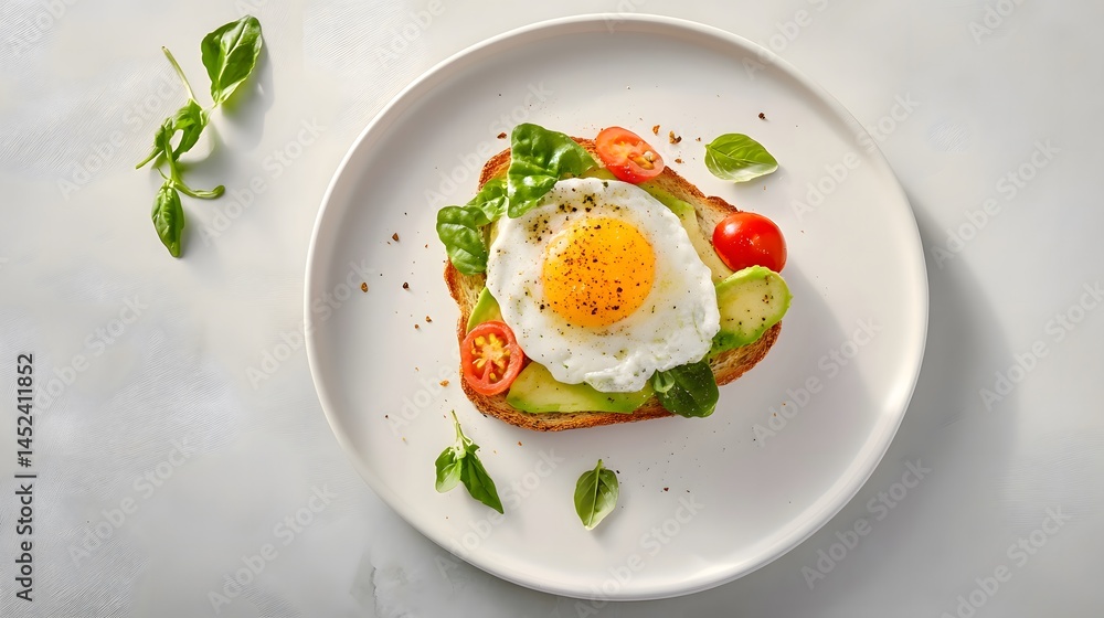 Photograph of avocado toast with fried egg, tomatoes, basil, and black pepper on a white plate. Photograph of avocado toast with fried egg, tomatoes, basil, and black pepper on a white plate.