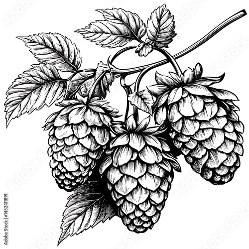 Beer Hops sketch, vintage woodcut style, old engraving look, hop cone drawing, rustic brewery artwork, craft beer design, retro ale art, bar decor, traditional brewing element,