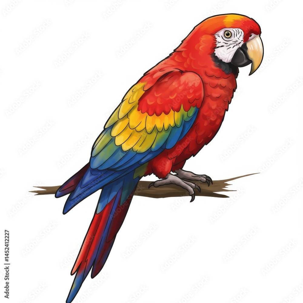 Fototapeta premium Red Macaw Perched on Branch Illustration