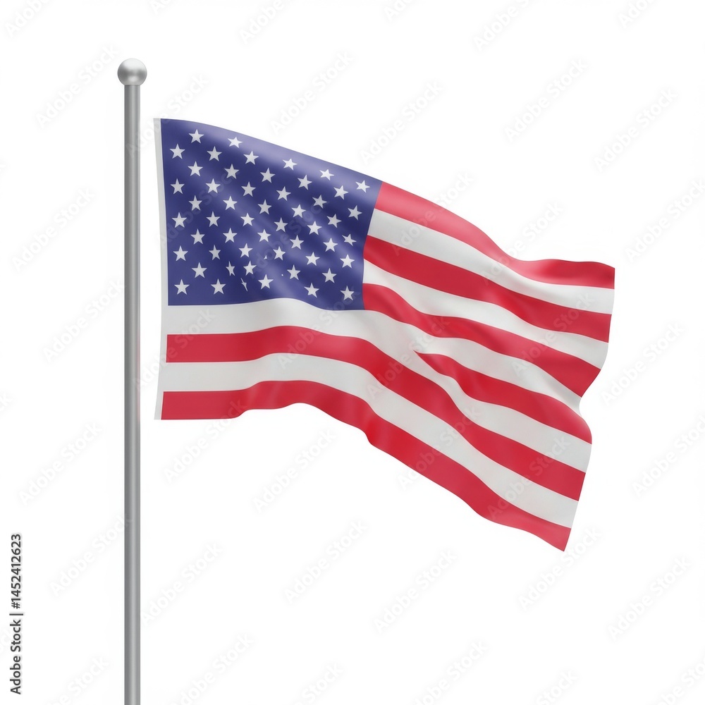 Fototapeta premium Waving American Flag on a Pole Against White Background