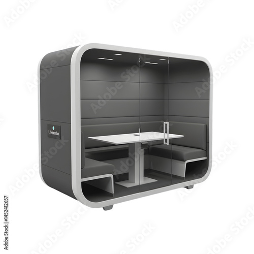 Modern office acoustic meeting pod booth with gray interior and table