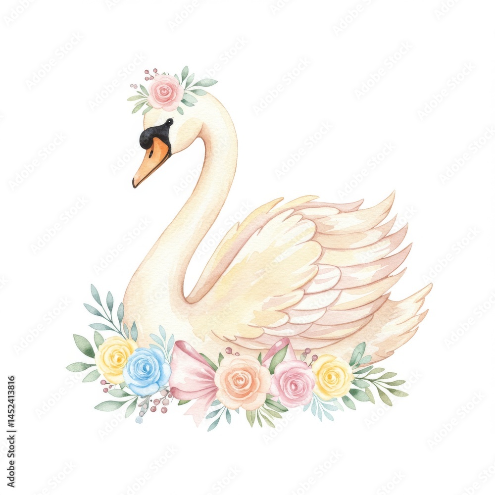 Obraz premium Pastel Watercolor Swan with Floral Wreath