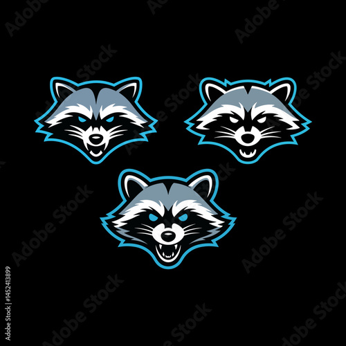 Trio of Stylized Raccoon Heads with Blue Accents and Masks Animal Mascot Set
