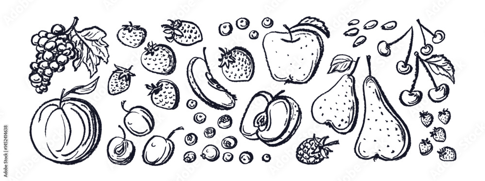 Fototapeta premium Crayon fruits and berries Vector doodle chalk set