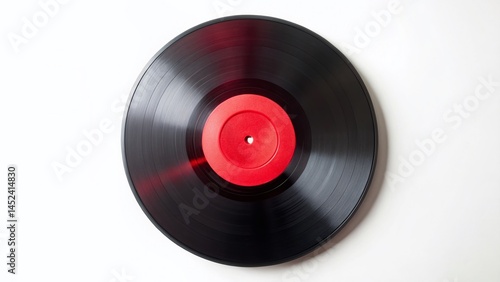 Vintage Vinyl Record Top View, Red Label, Isolated White Background