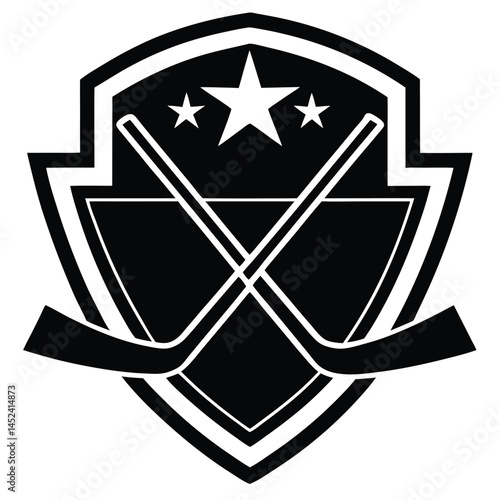 Hockey Emblem Crossed Sticks, Star, Shield Design