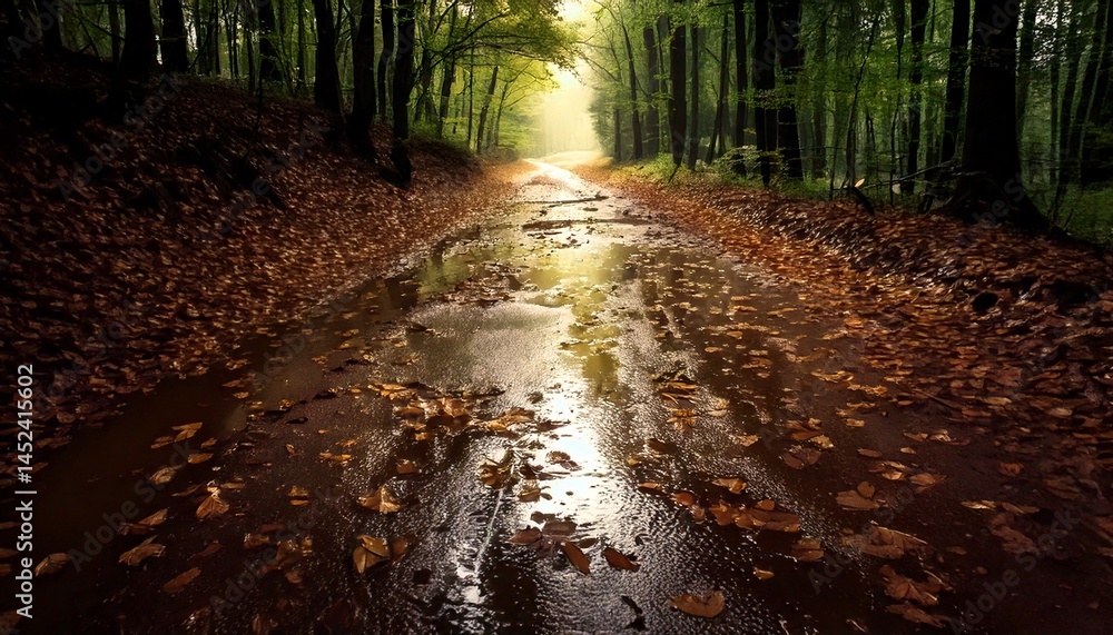 Obraz premium Un camino forestal de tierra empapada y cubierto de hojas y charcos. La tierra parece respirar y brillar, casi como un viaje psicodélico apenas perceptible.
