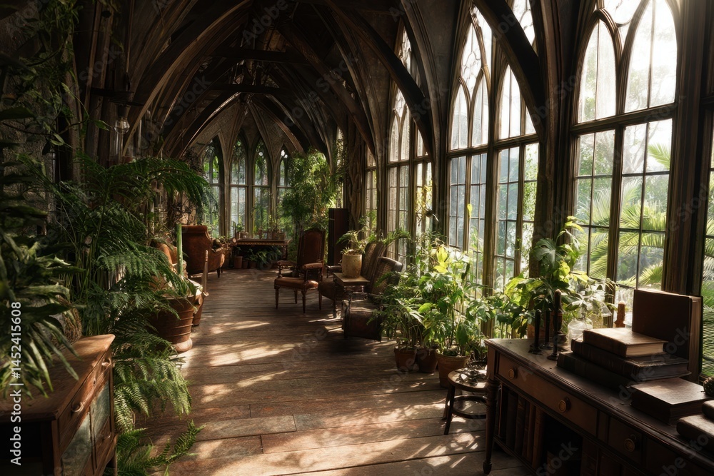 Fototapeta premium Sunlit Greenhouse Interior, Lush Plants in Gothic Architecture, Serene Tranquil Atmosphere, Wooden Flooring, Vintage Furniture