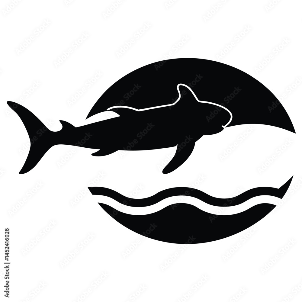 Fototapeta premium Shark Silhouette in Ocean Waves Vector Illustration
