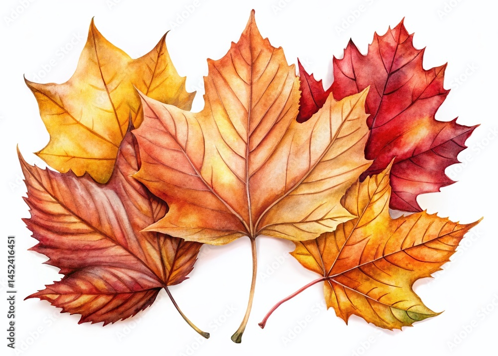 Watercolor Autumn Leaves, Isolated, High-Resolution, Warm Earthy Tones, Fall Foliage Watercolor Autumn Leaves, Isolated, High-Resolution, Warm Earthy Tones, Fall Foliage