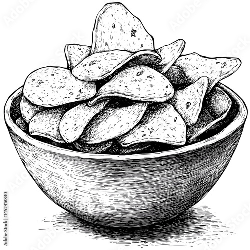 Hand drawn potato chips bowl, vintage black engraving vector, snack sketch style, retro food artwork, textured illustration, rustic snack image, antique food vector,