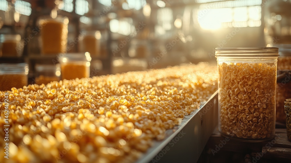 Brightly lit scene of golden popcorn kernels in a storage facility with jars in the foreground Brightly lit scene of golden popcorn kernels in a storage facility with jars in the foreground