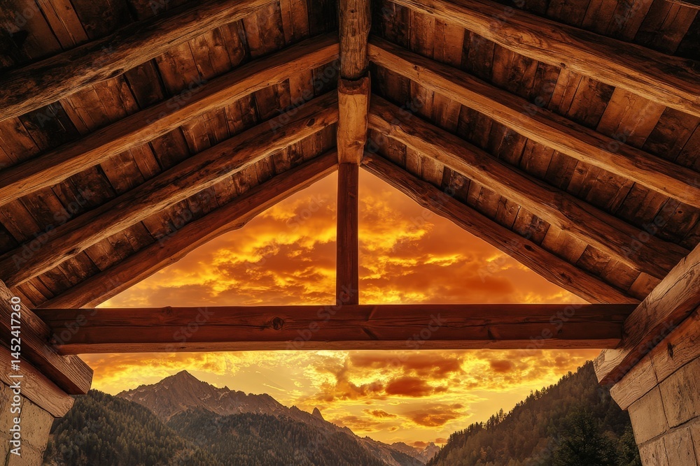 Fototapeta premium Wooden roof structure framing a dramatic sunset over mountains.