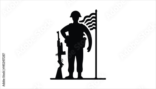 Silhouette of Soldier with Rifle and American Flag in Black and White