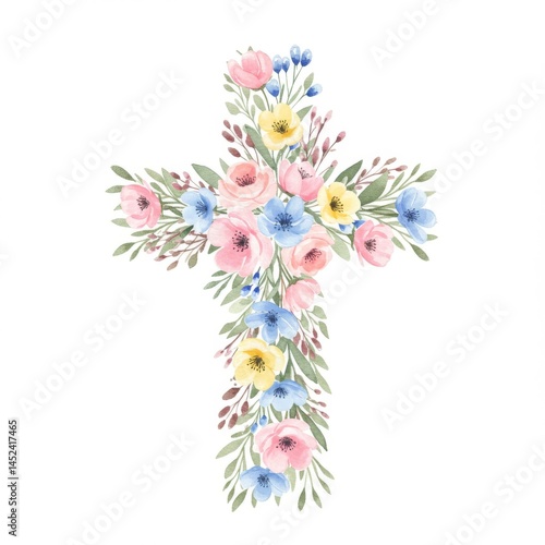 Watercolor Floral Cross with Pastel Pink Blue Yellow Flowers