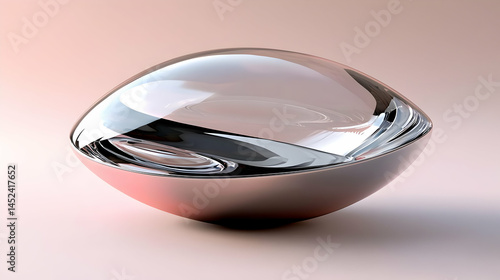 Abstract glass orb, smooth curves, translucent, metallic base.  Clear glass, softly rounded, rests on a deeper, rose-toned base