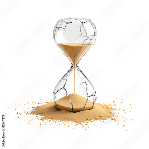 Broken hourglass with sand spilling, time concept