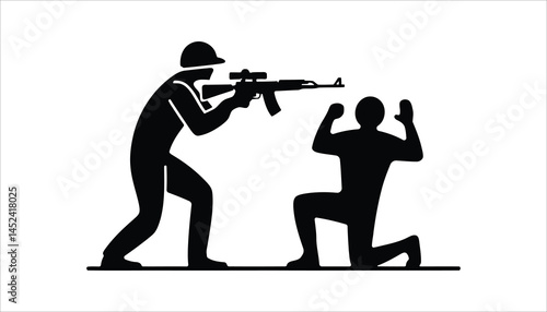Soldier Pointing Gun at Kneeling Person - Conflict and War Illustration