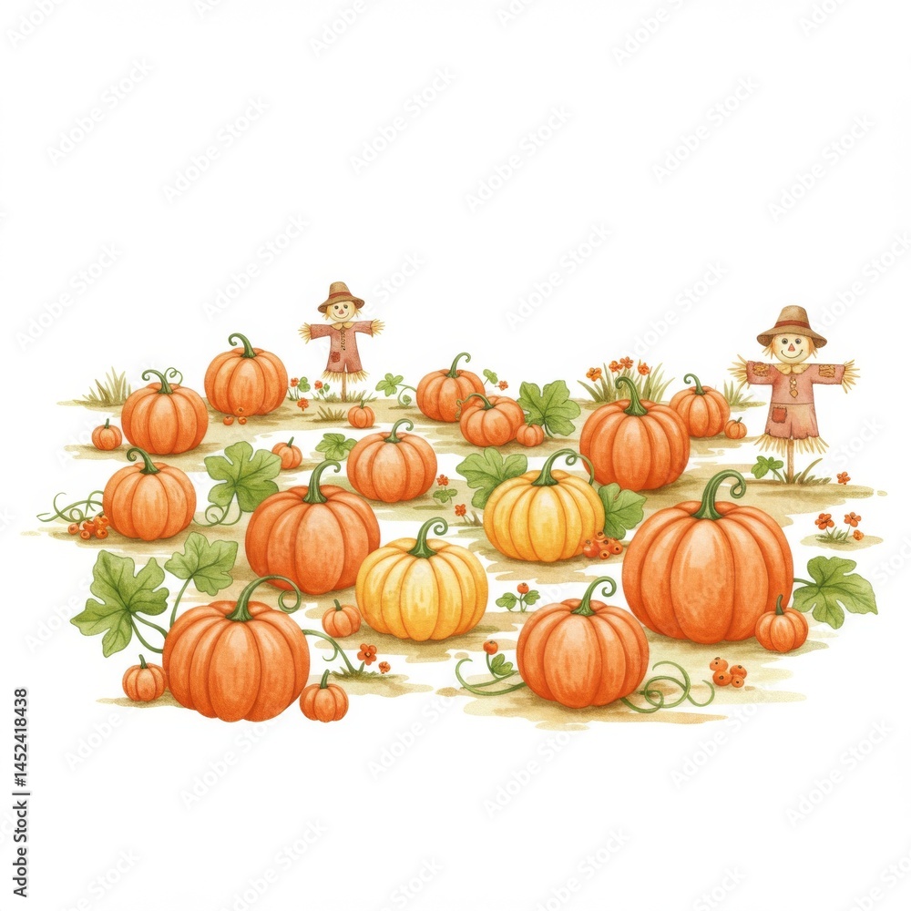 Autumn Harvest: Orange Pumpkins and Scarecrows in a Rustic Field Autumn Harvest: Orange Pumpkins and Scarecrows in a Rustic Field
