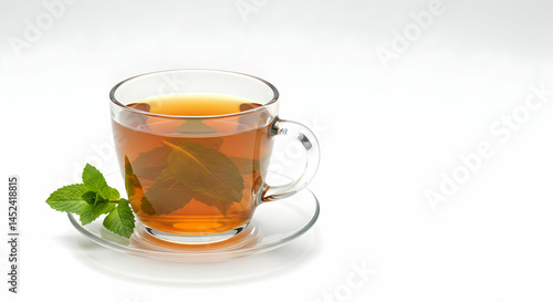 Fresh Mint Tea in Glass Cup with Green Leaves and Saucer